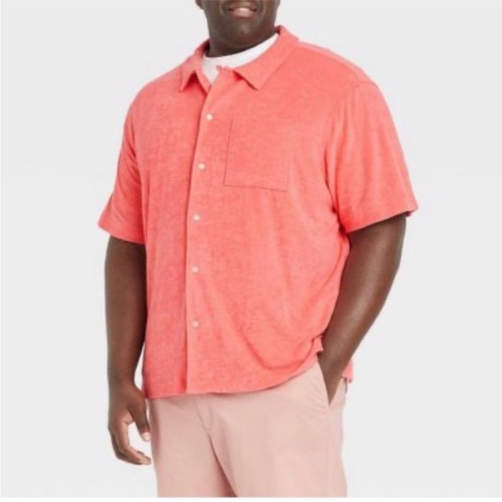 Men’s Goodfellow & Co Terry Camp Short Sleeve Button Down Shirt -coral Size M